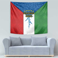 Equatorial Guinea tapestry with red, blue, and green geometric patterns and central emblem