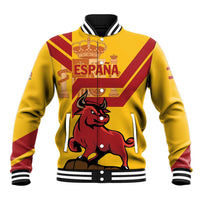 Yellow Spain baseball jacket with maroon stripes, ribbed collar, snap buttons, bull graphic