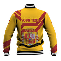 Back view yellow Spain baseball jacket with maroon stripes, ribbed hem, YOUR TEXT graphic