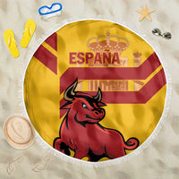 Round yellow beach blanket with Spain bull graphic and fringe