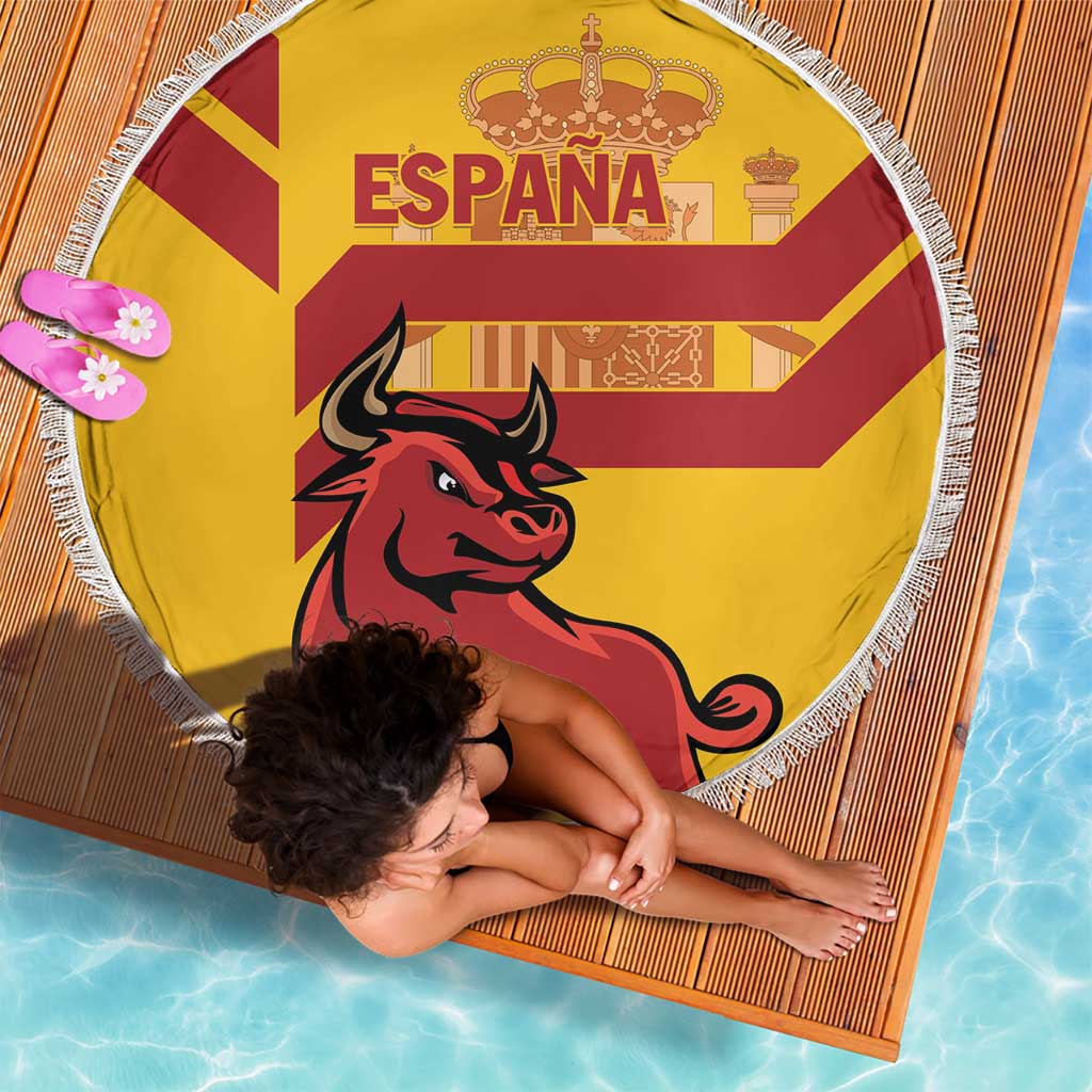 Round yellow beach blanket with Spanish bull graphic and España text