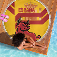 Round yellow beach blanket with Spanish bull graphic and España text