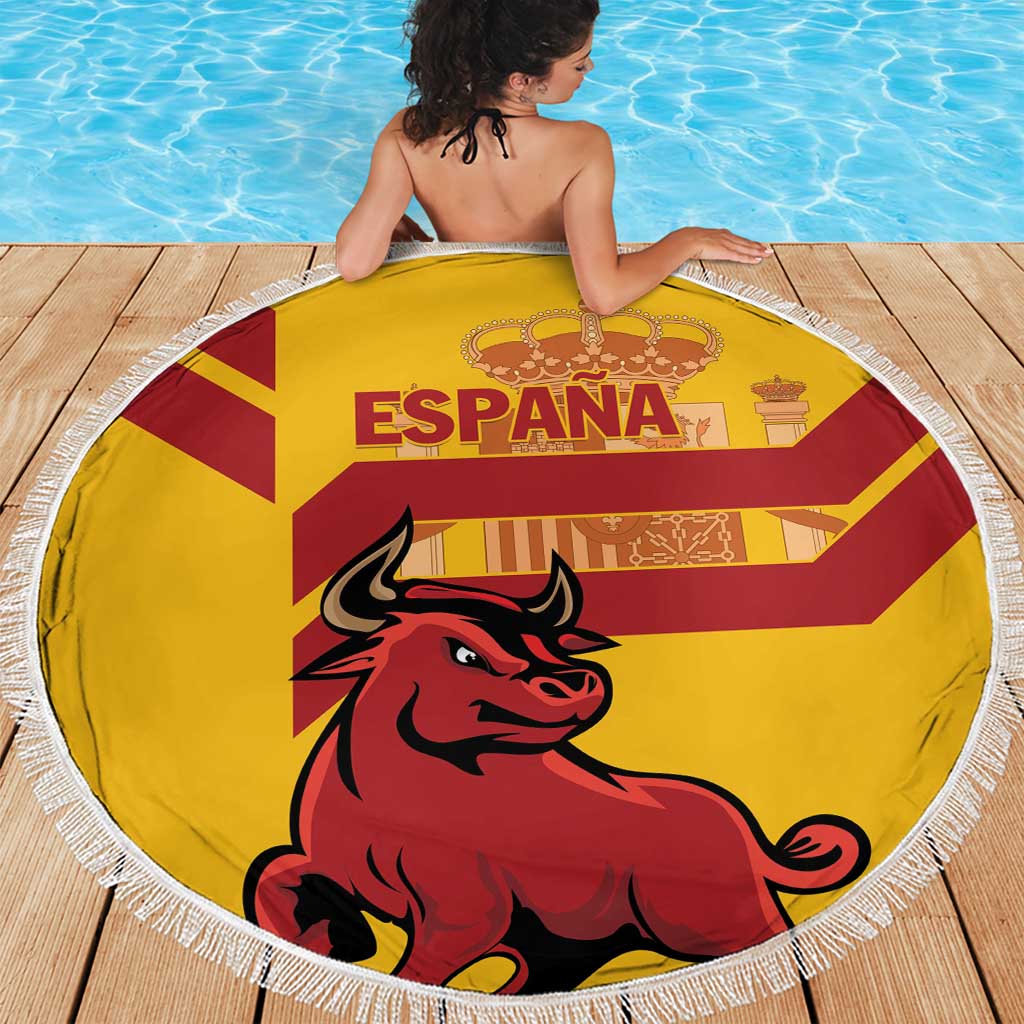 Round yellow beach blanket with red bull graphic and España text