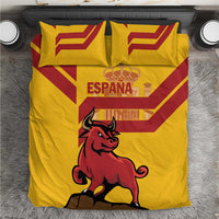 Yellow bedding set with red diagonal stripes, bull graphic, and ESPANA on duvet