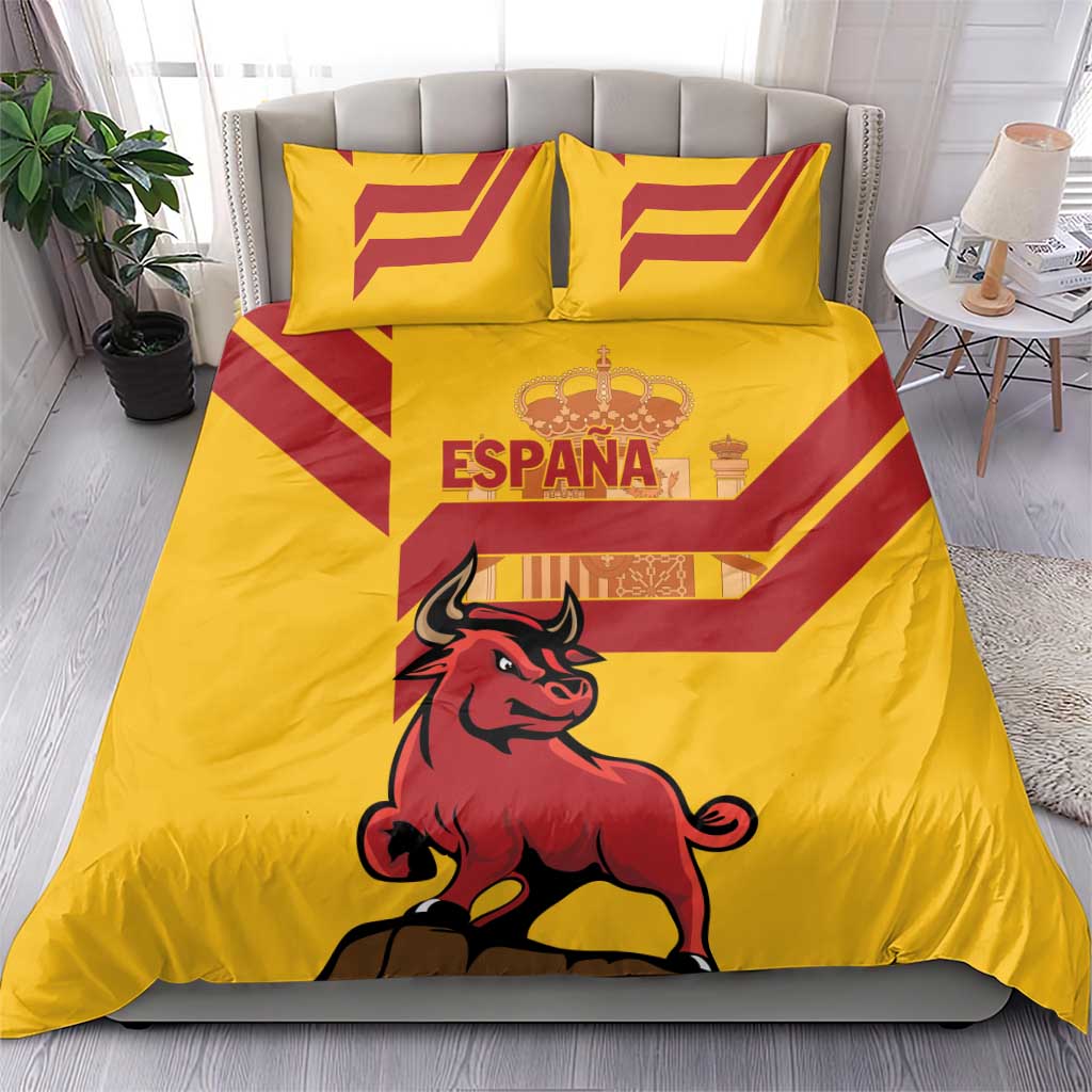 Yellow duvet and pillow set with red shield stripes, crown, bull, and ESPANA text