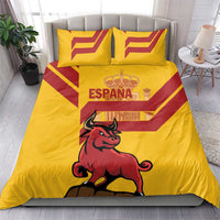 Yellow duvet and pillow set with red shield stripes, crown, bull, and ESPANA text