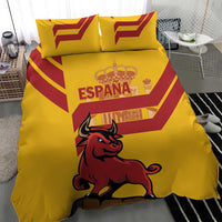 Yellow bedding set with red diagonal pattern, bull illustration, crown, and ESPANA