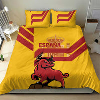 Yellow duvet with red chevron stripes, bull graphic, crown, and ESPANA lettering