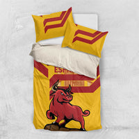 Yellow and white bedding set with red chevron stripes, bull graphic, and ESPANA