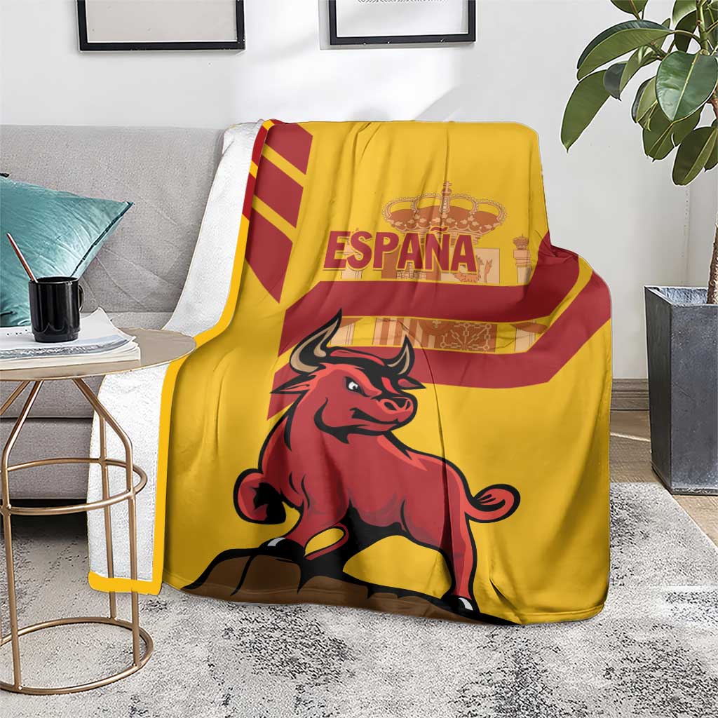 Spain blanket with yellow background, red Spanish bull graphic and ESPANA text