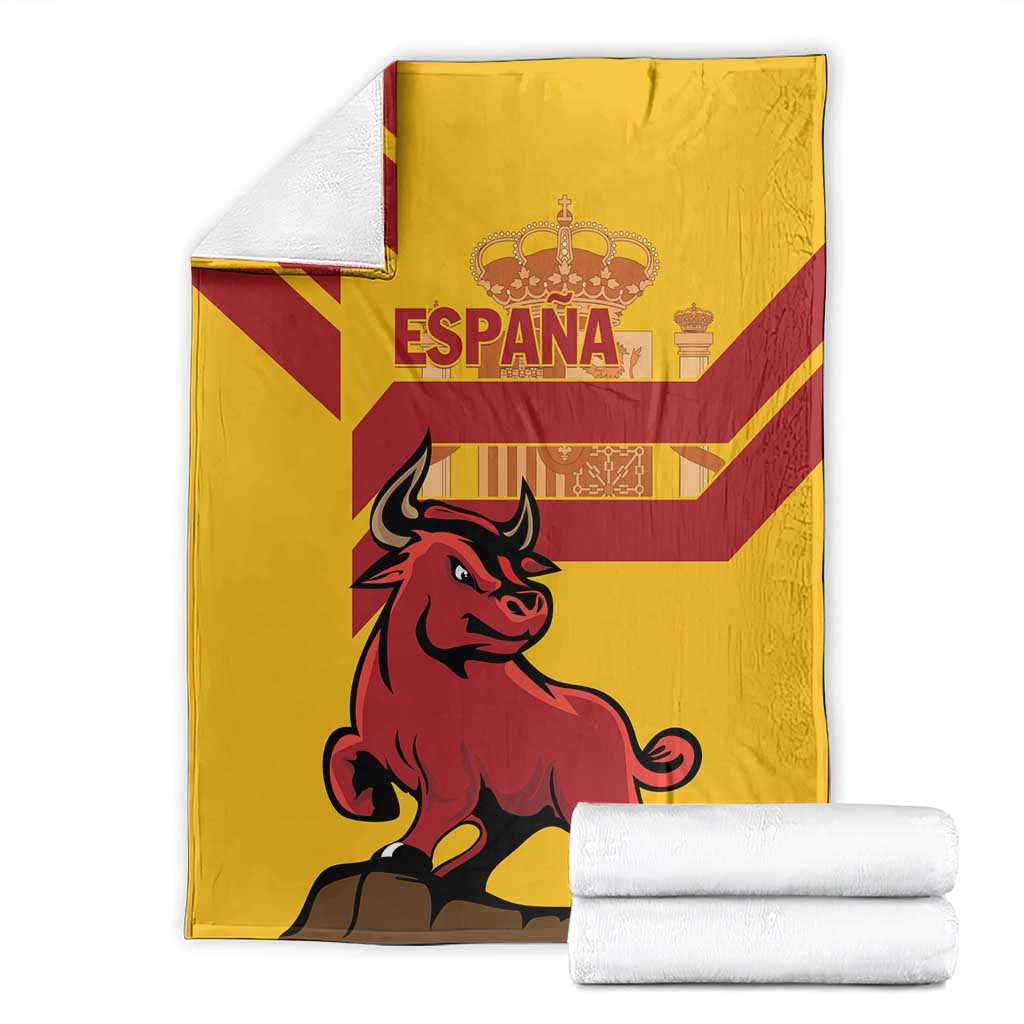 Yellow Spain blanket with red bull graphic, ESPAÑA text, and crown emblem