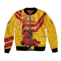 Yellow bomber jacket, front zip, bull graphic, Spain crest and striped panels