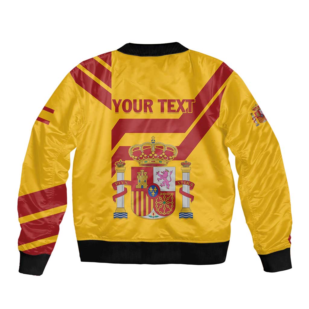 Yellow bomber jacket back, 'YOUR TEXT', Spain crest emblem, striped accents