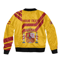 Yellow bomber jacket back, 'YOUR TEXT', Spain crest emblem, striped accents