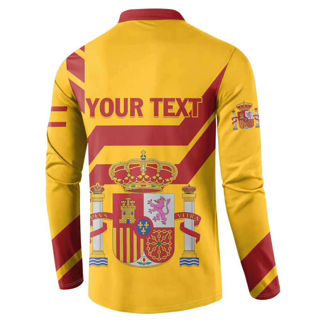 Yellow Spain button sweatshirt back view with “YOUR TEXT” and crown coat-of-arms graphic.