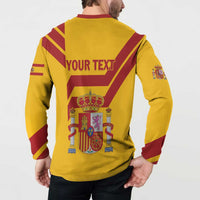 Yellow Spain button sweatshirt with back “YOUR TEXT” and Spanish coat-of-arms graphic.