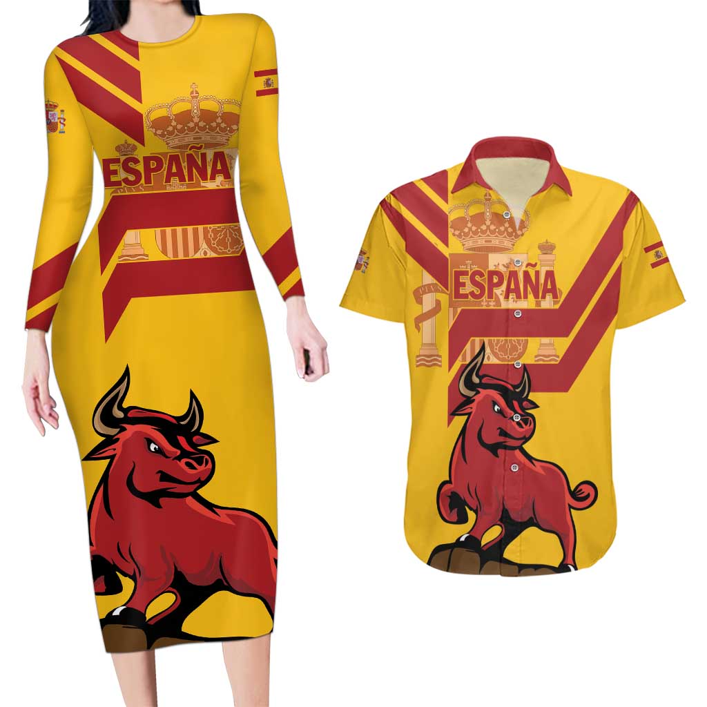 Personalized Spain Couples Matching Long Sleeve Bodycon Dress and Hawaiian Shirt Spanish Fighting Bull - Wonder Print Shop