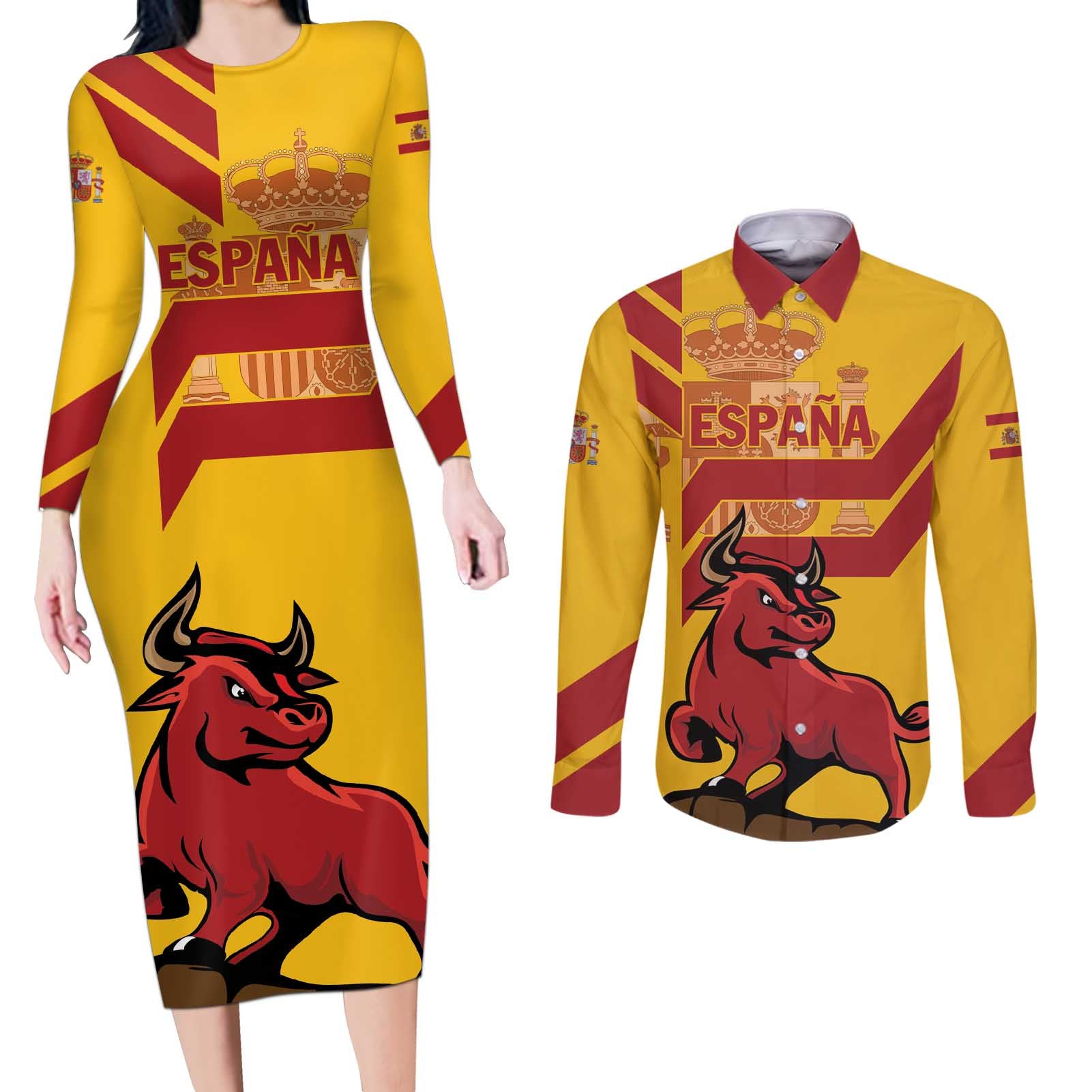 Personalized Spain Couples Matching Long Sleeve Bodycon Dress and Long Sleeve Button Shirt Spanish Fighting Bull - Wonder Print Shop