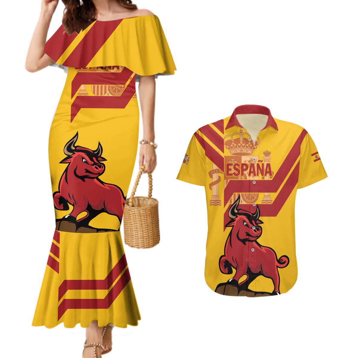 Personalized Spain Couples Matching Mermaid Dress and Hawaiian Shirt Spanish Fighting Bull - Wonder Print Shop