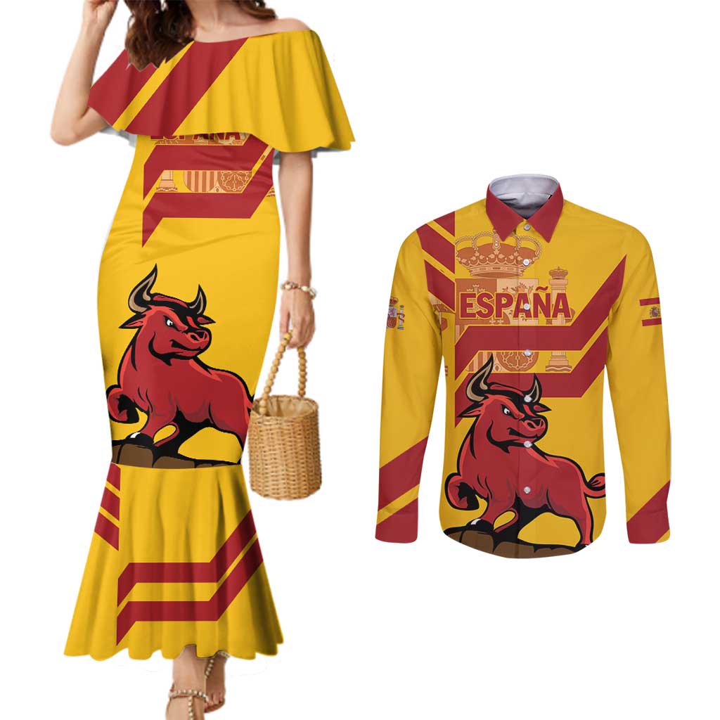 Personalized Spain Couples Matching Mermaid Dress and Long Sleeve Button Shirt Spanish Fighting Bull