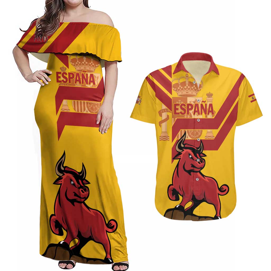 Personalized Spain Couples Matching Off Shoulder Maxi Dress and Hawaiian Shirt Spanish Fighting Bull - Wonder Print Shop