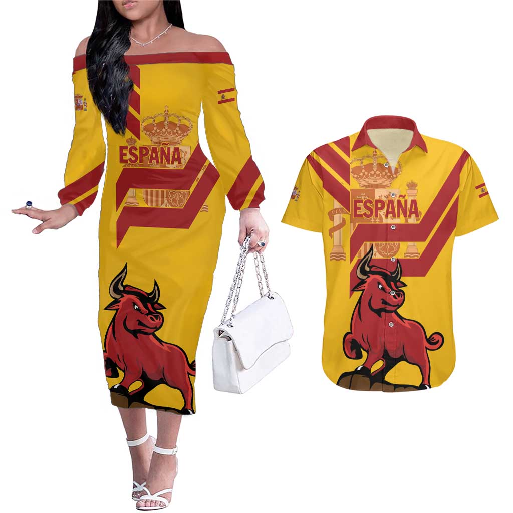 Personalized Spain Couples Matching Off The Shoulder Long Sleeve Dress and Hawaiian Shirt Spanish Fighting Bull - Wonder Print Shop