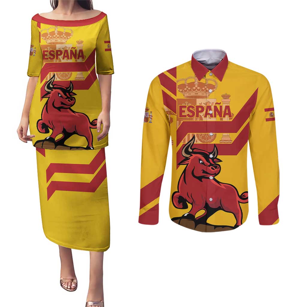 Personalized Spain Couples Matching Puletasi and Long Sleeve Button Shirt Spanish Fighting Bull - Wonder Print Shop