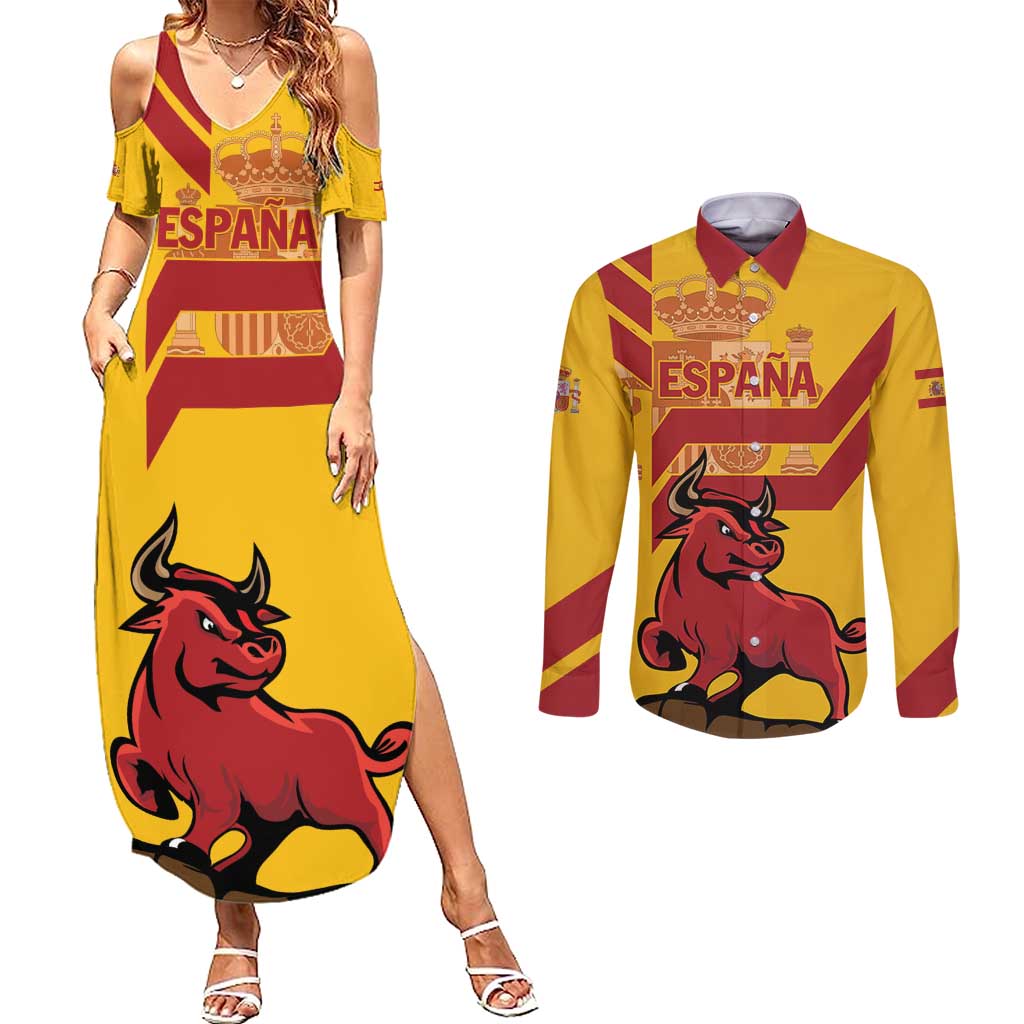 Personalized Spain Couples Matching Summer Maxi Dress and Long Sleeve Button Shirt Spanish Fighting Bull - Wonder Print Shop