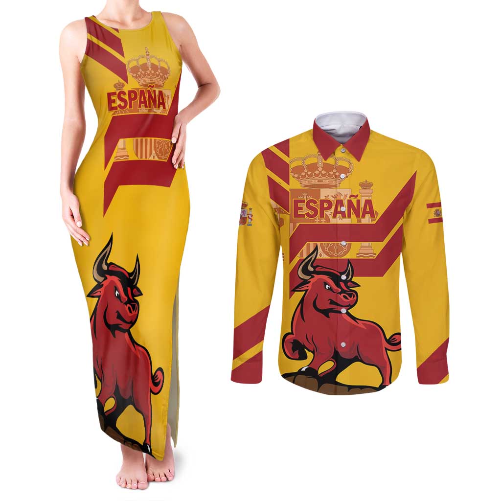 Personalized Spain Couples Matching Tank Maxi Dress and Long Sleeve Button Shirt Spanish Fighting Bull - Wonder Print Shop