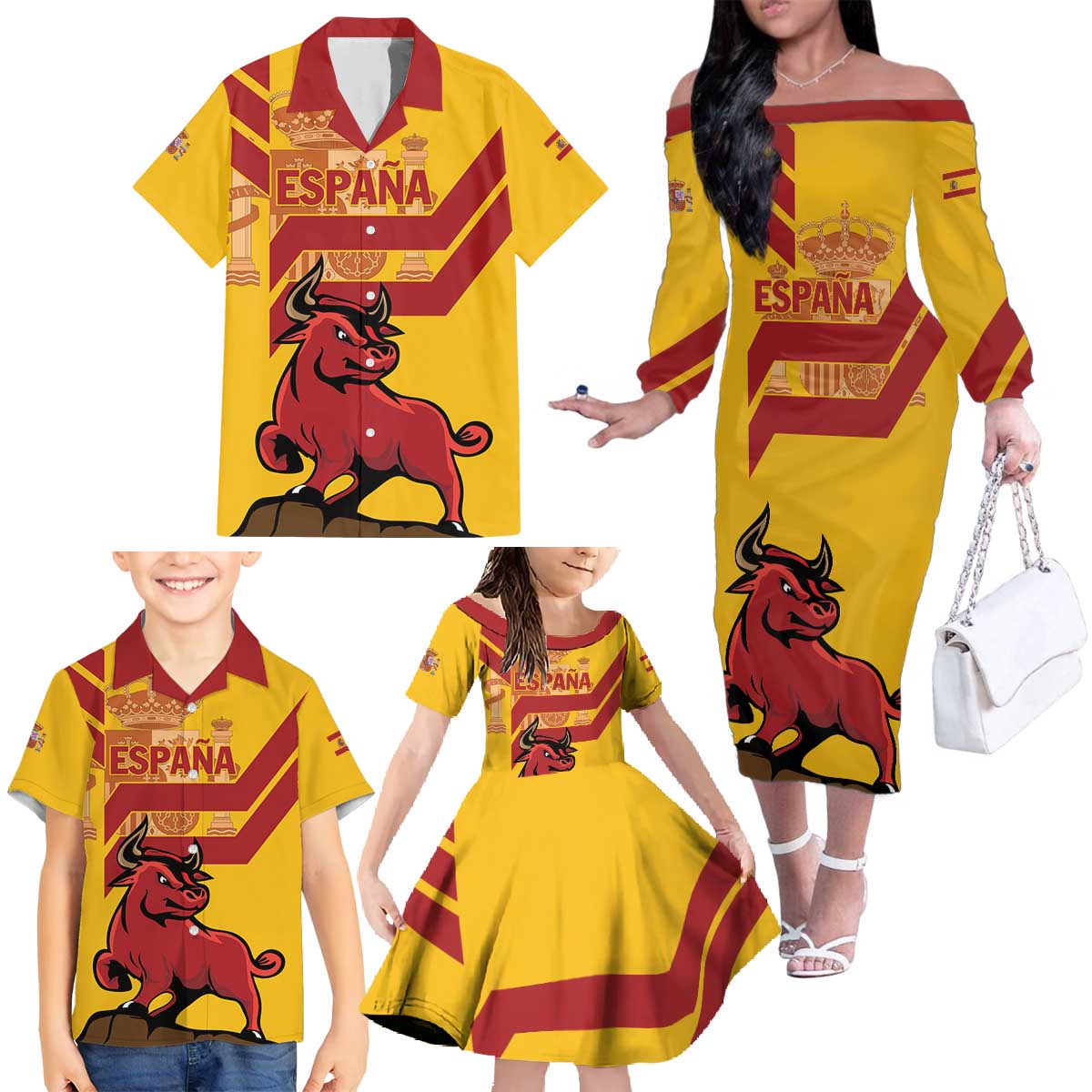 Personalized Spain Family Matching Off The Shoulder Long Sleeve Dress and Hawaiian Shirt Spanish Fighting Bull - Wonder Print Shop