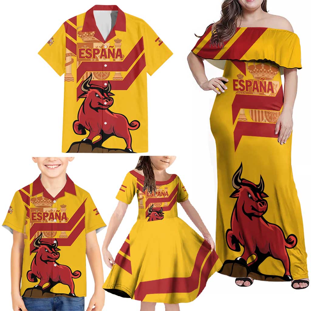 Personalized Spain Family Matching Off Shoulder Maxi Dress and Hawaiian Shirt Spanish Fighting Bull - Wonder Print Shop