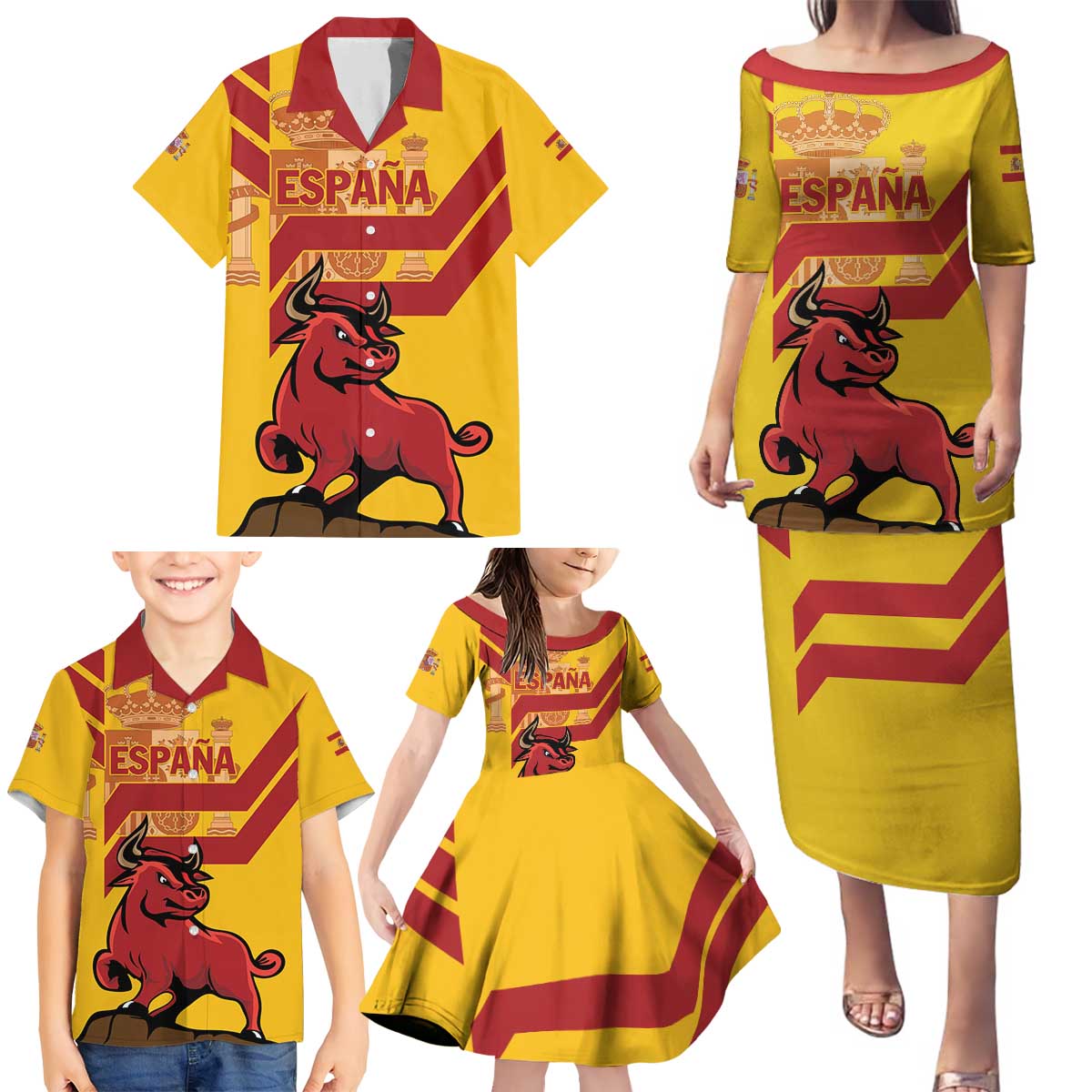 Personalized Spain Family Matching Puletasi and Hawaiian Shirt Spanish Fighting Bull - Wonder Print Shop