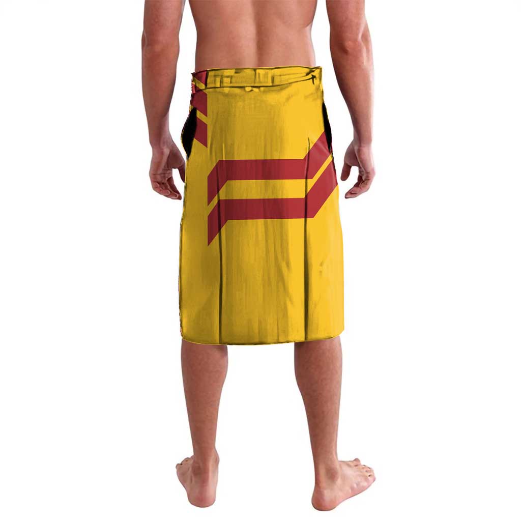 Yellow sarong skirt with burgundy flag stripes and elastic waistband