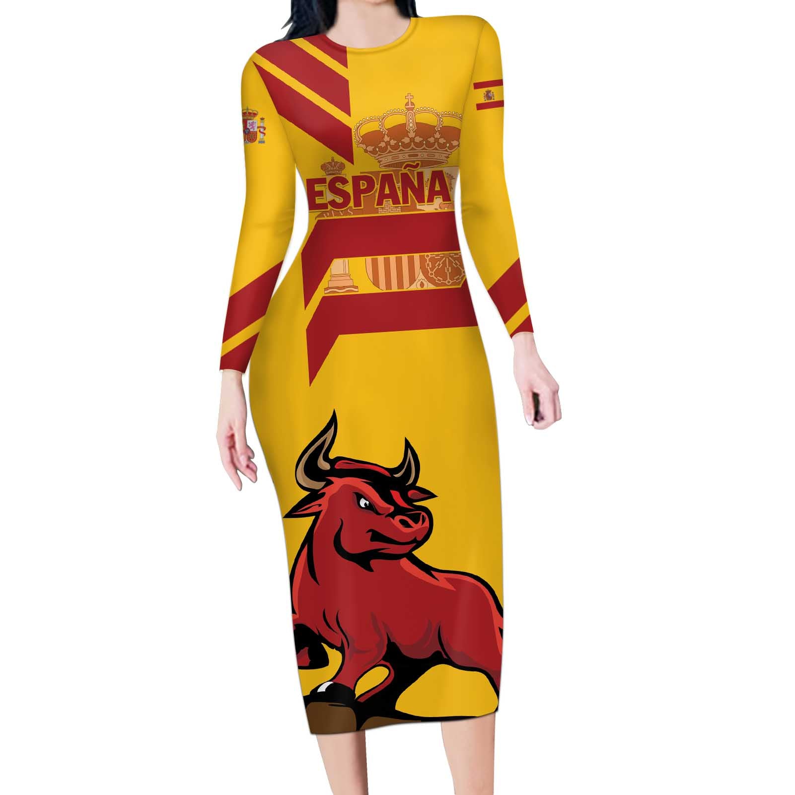 Personalized Spain Long Sleeve Bodycon Dress Spanish Fighting Bull - Wonder Print Shop