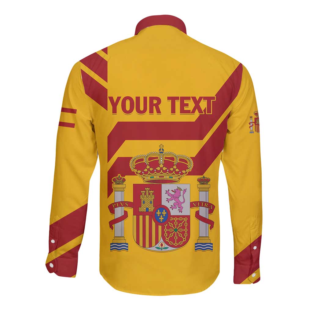 Yellow long-sleeve button shirt back with 'YOUR TEXT' and Spanish crest panel