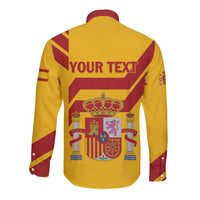 Yellow long-sleeve button shirt back with 'YOUR TEXT' and Spanish crest panel