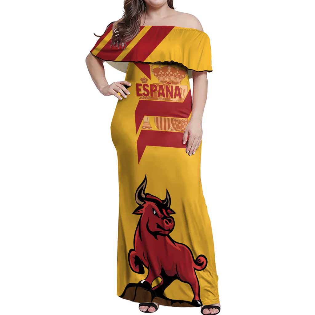 Personalized Spain Off Shoulder Maxi Dress Spanish Fighting Bull - Wonder Print Shop