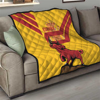 Spain quilt with red fighting bull and quilted yellow design