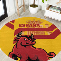 Yellow round rug with red and gold Spain flag design and fierce bull graphic
