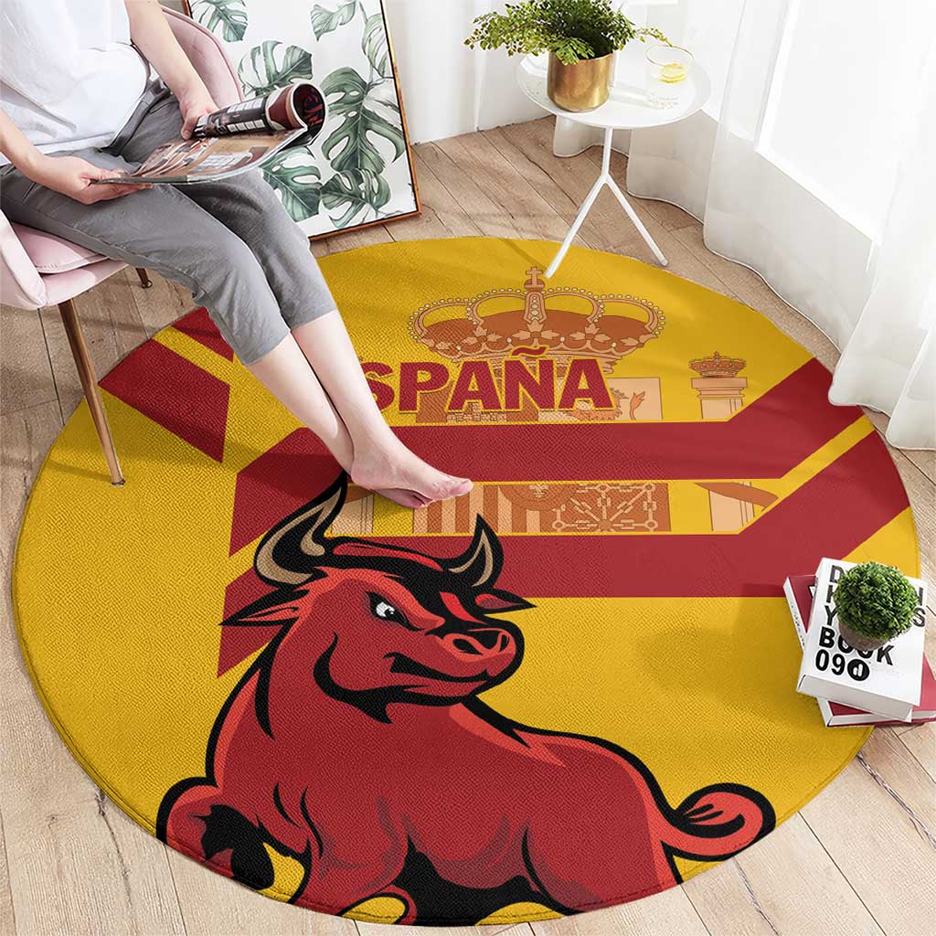 Spanish round carpet laid flat on floor, showing Spain flag stripes and bull artwork