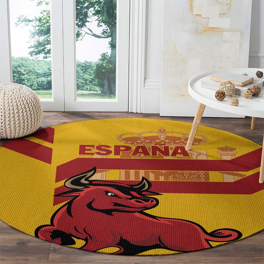 Round yellow Spain carpet with red bull graphic and ESPAÑA text