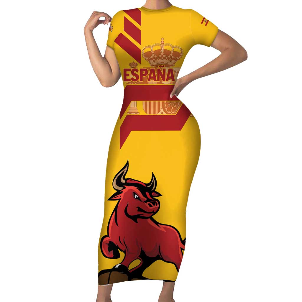 Personalized Spain Short Sleeve Bodycon Dress Spanish Fighting Bull - Wonder Print Shop