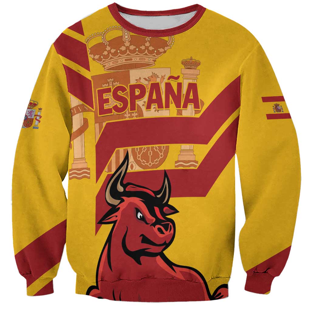 Yellow Spain sweatshirt with red bull graphic and flag-inspired print