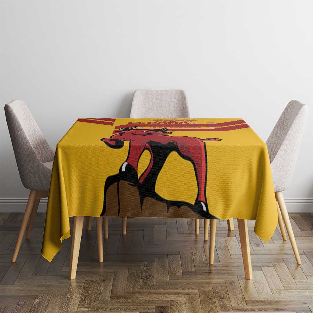Yellow tablecloth with bull illustration and red frame stripes across tabletop