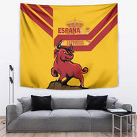 Yellow Spain tapestry with a red Spanish bull and diagonal stripe design