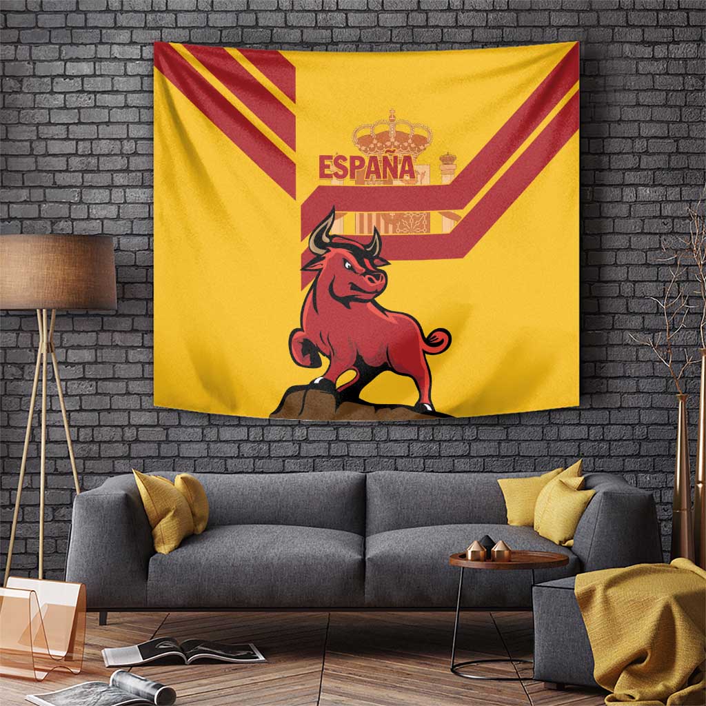 Yellow tapestry with Spanish bull graphic and Spain text