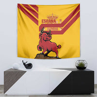 Spain tapestry with red fighting bull and ESPAÑA text on yellow fabric