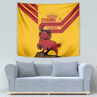 Yellow Spain tapestry with red fighting bull and Spanish crest, wall-hanging fabric.