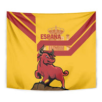 Spain tapestry with red fighting bull and maroon geometric border on yellow fabric