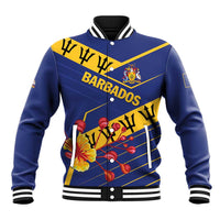 Blue baseball jacket with yellow diagonal graphic, snap front, ribbed striped collar